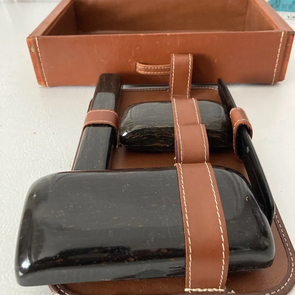 Leather Toiletry Kit Top Grain Leather W/ Faux Tortoise Boxes and Containers